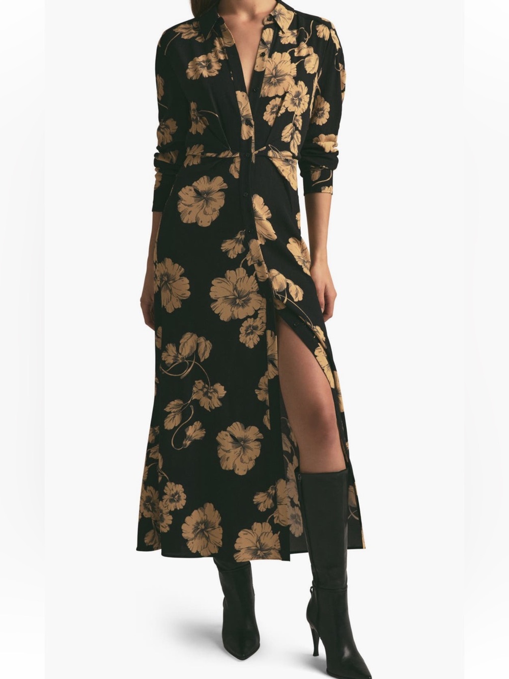NEW Favorite Daughter The Icon Floral Print Long Sleeve Shirtdress In Noir Fleur - Picture 1 of 12